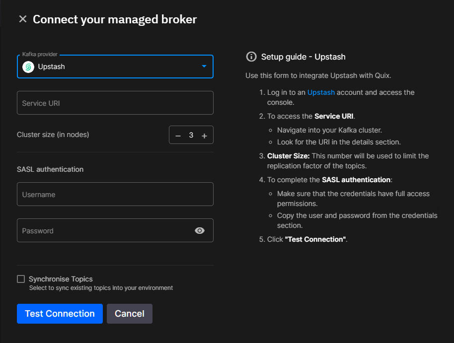 Quix Upstash Settings